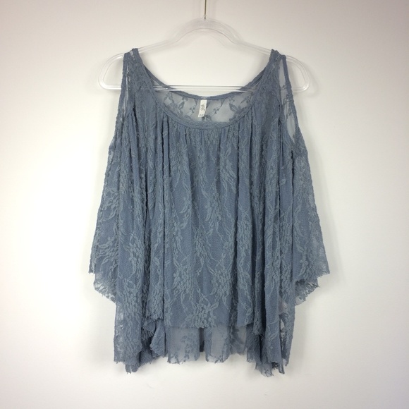 Free People Tops - Free People Dusty Blue Lace Cold Shoulder Top